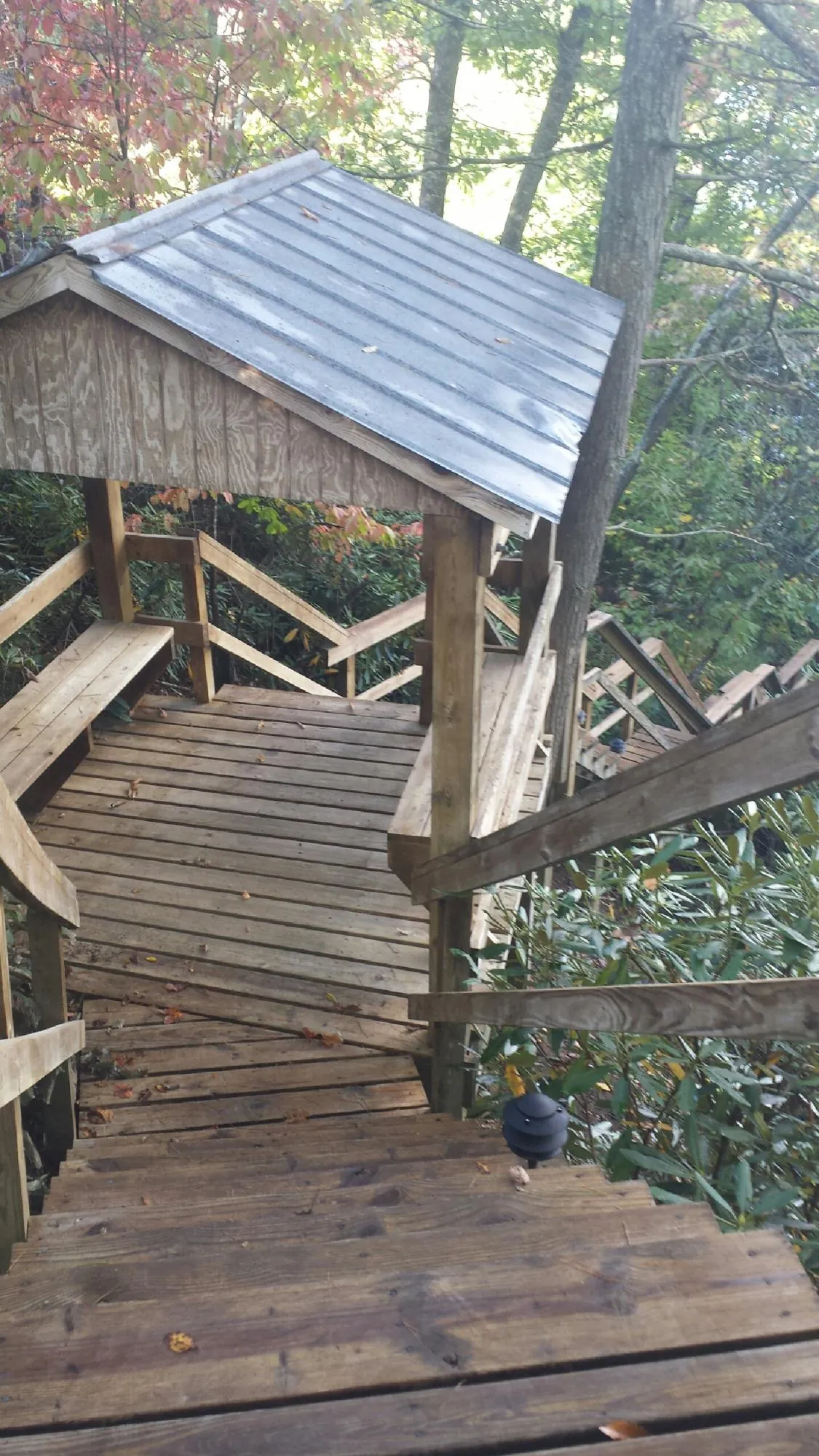 Metal roofed shelter over wooden steps on a wooded walkway — Skylight Repair & Installation work by our crew in Paonia